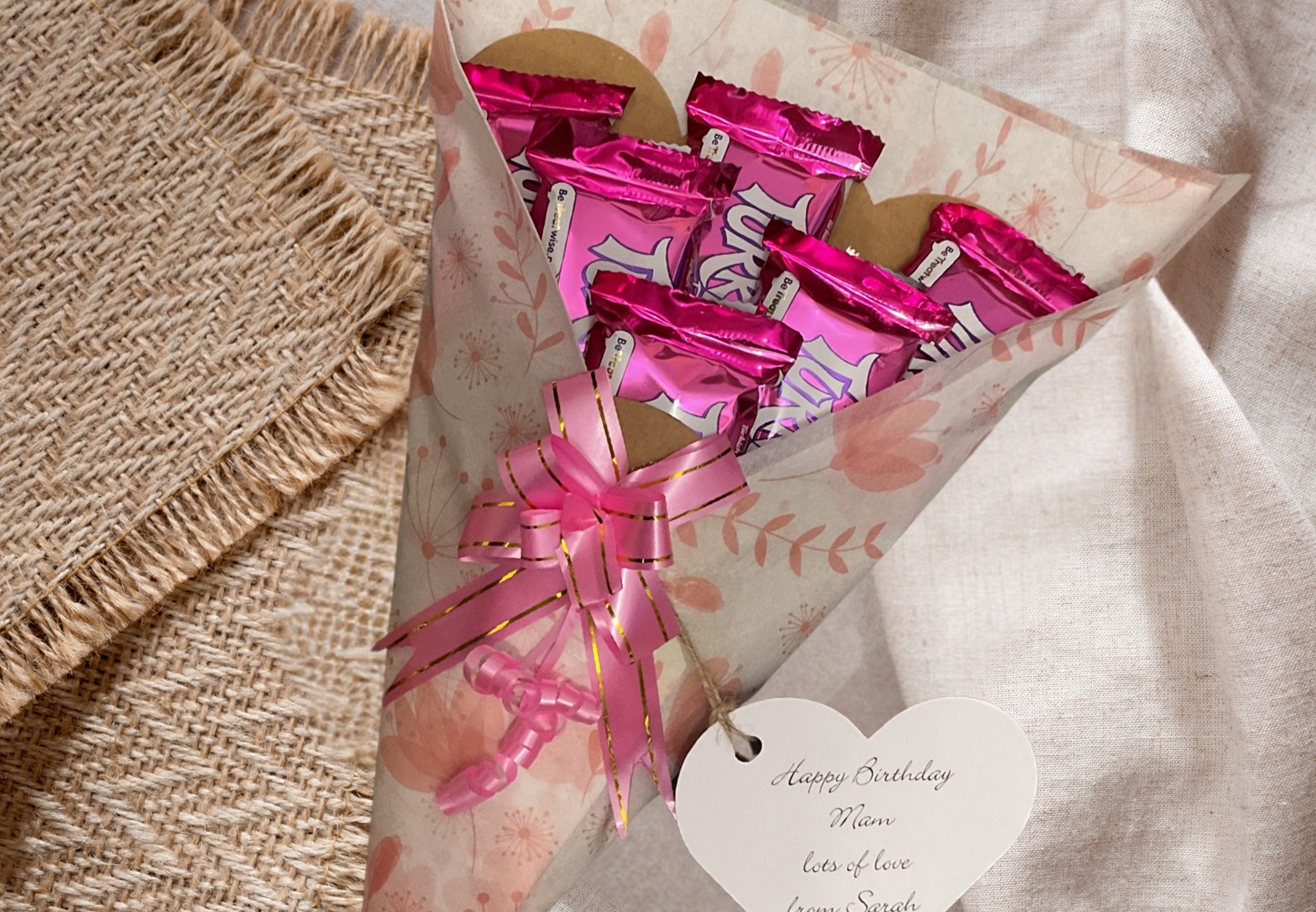 Turkish delight chocolate bouquet with a personalised gift tag.