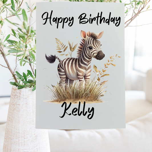 Printed zebra personalised birthday card.