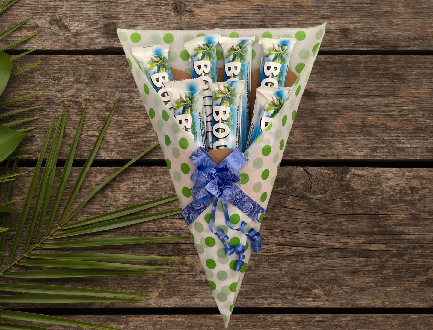 Bounty chocolate bouquet with a personalised gift tag and matching bow.