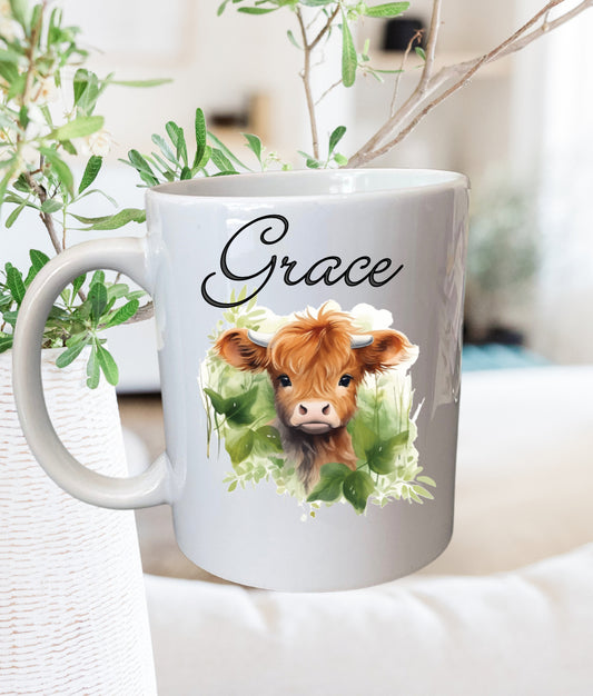 Highland cow mug that can be personalised.