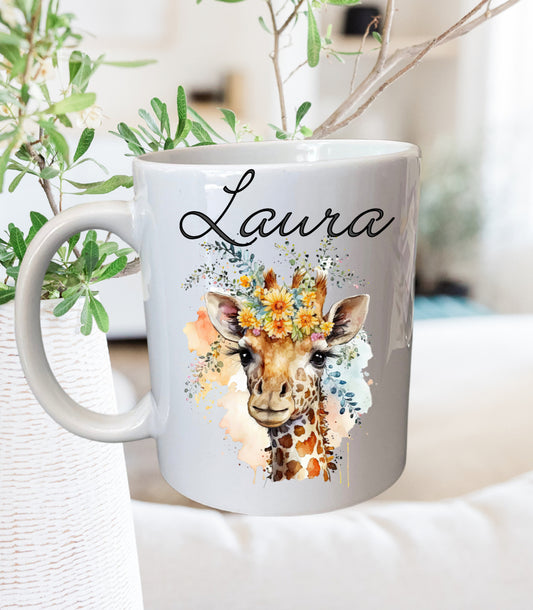 Giraffe mug that can be personalised.