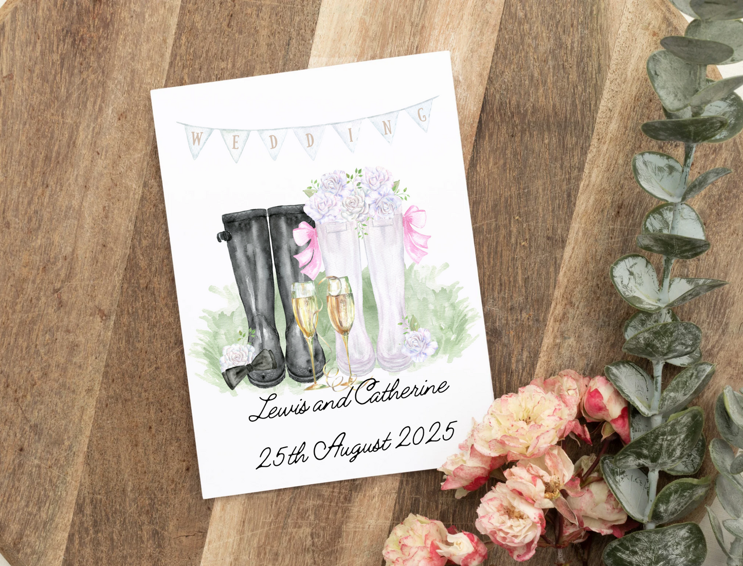 Personalised wedding card, wellies wedding card, wedding greeting card, happy couple newly weds, special wedding card.