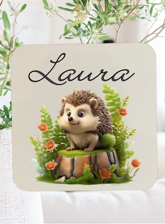 Hedgehog coaster that can be personalised, hedgehog gifts.