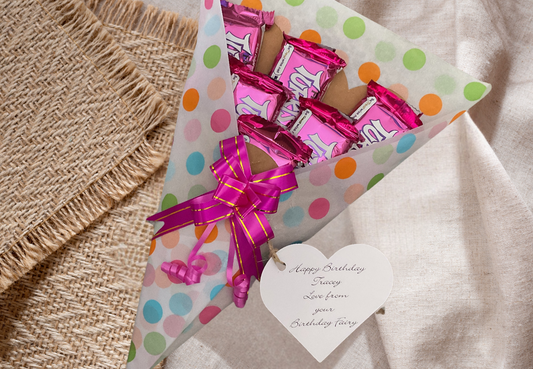 Turkish delight chocolate bouquet with a personalised gift tag.