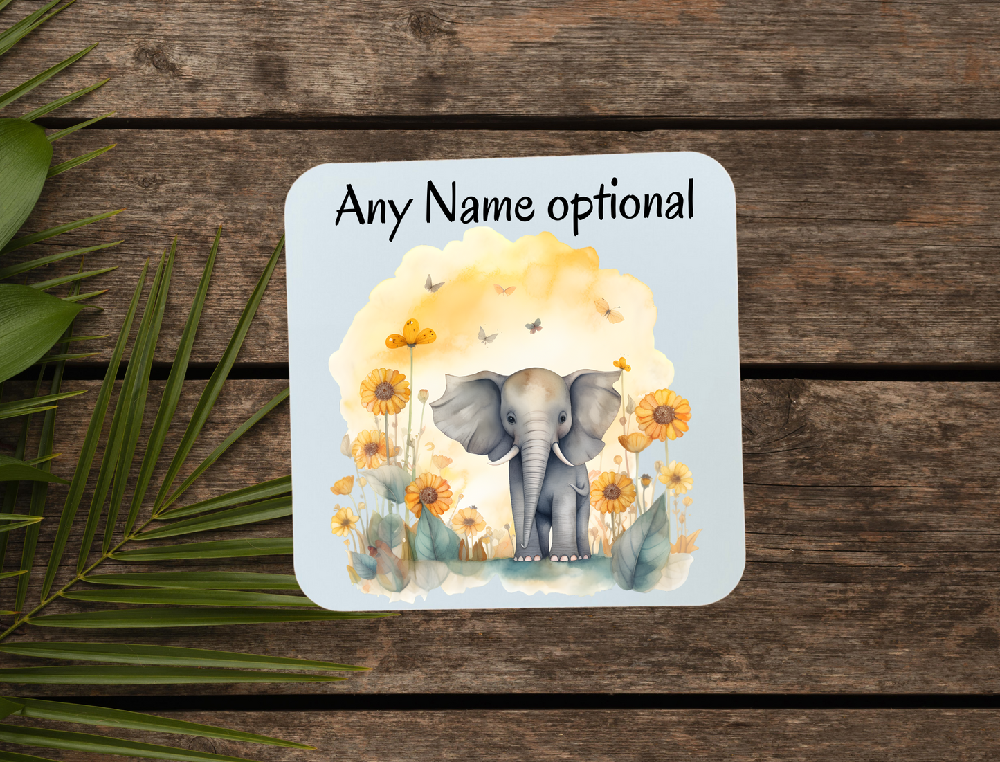 Elephant coaster that can be personalised.