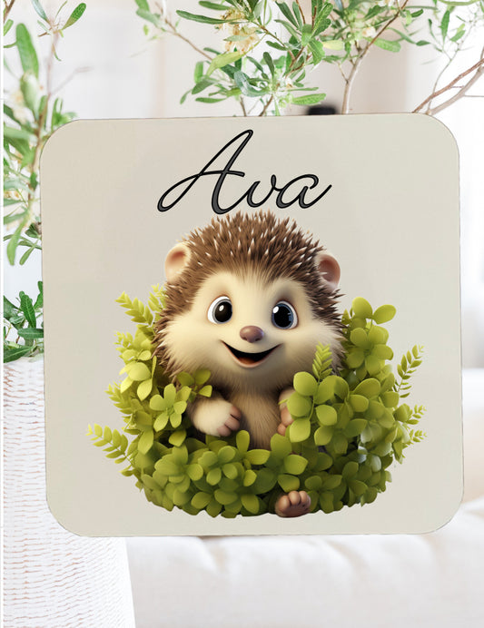 Hedgehog coaster that can be personalised.