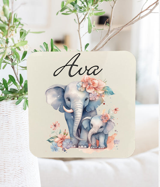 Elephant coaster that can be personalised.