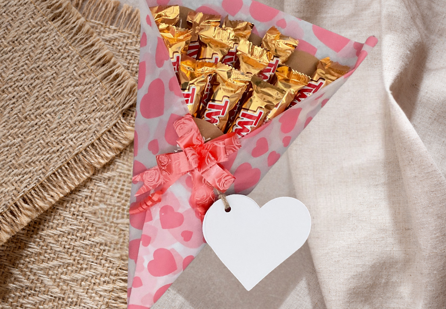 Twix Chocolate bouquet with personalised gift tag and bow.