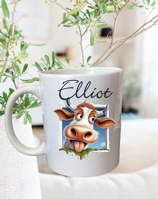Cow mug that can be personalised.